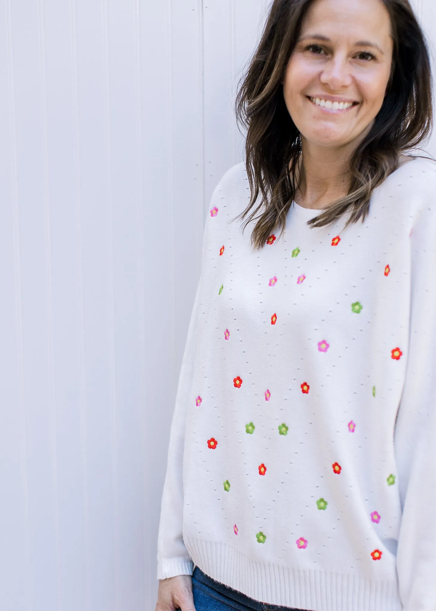 Flowers on White Sweater