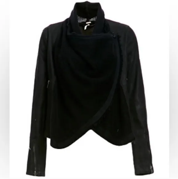 Free People Black Denim Drape Moto Jacket