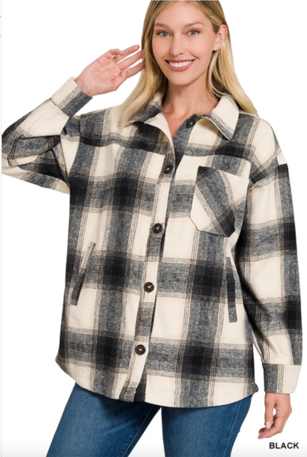Get Cozy Plaid Shacket in Black