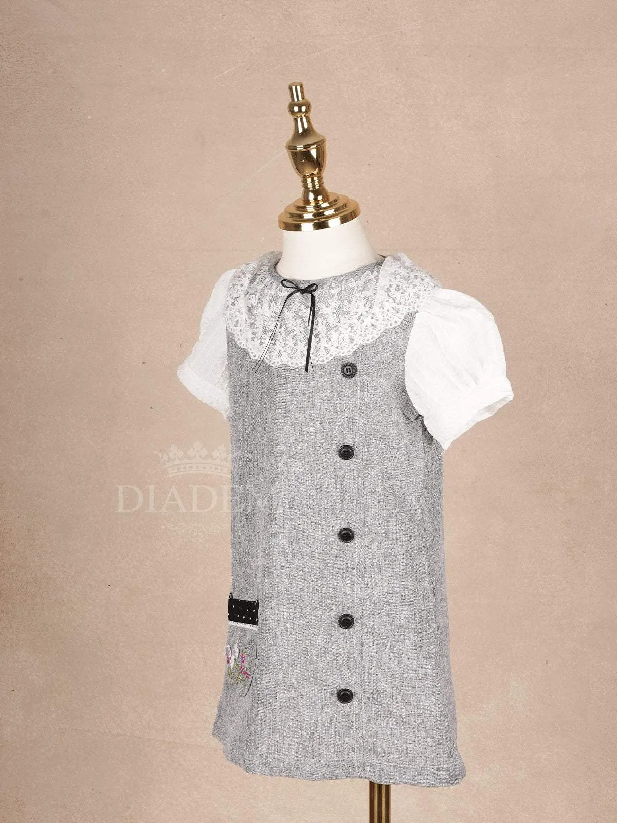 Grey Cotton Frock Adorned with Black Buttons and Peter Pan Collar for Girls