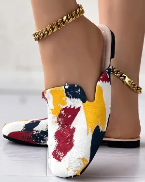Ink Splash Print Ripped Slippers Square Toe Mules