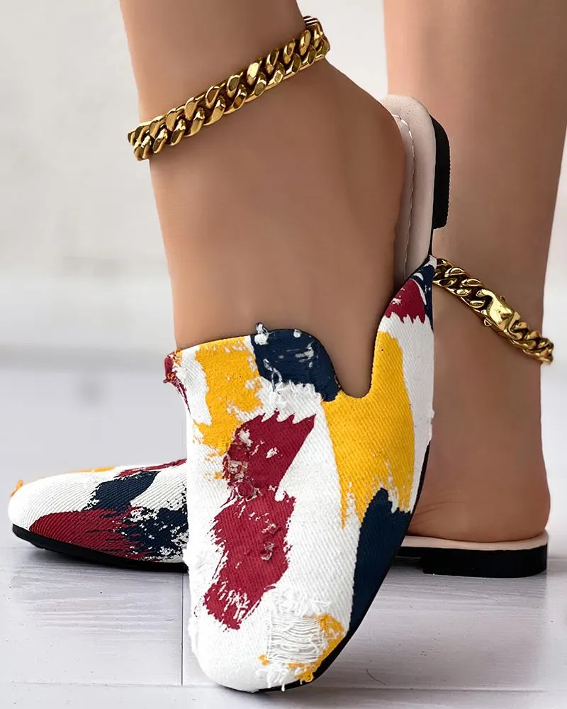 Ink Splash Print Ripped Slippers Square Toe Mules