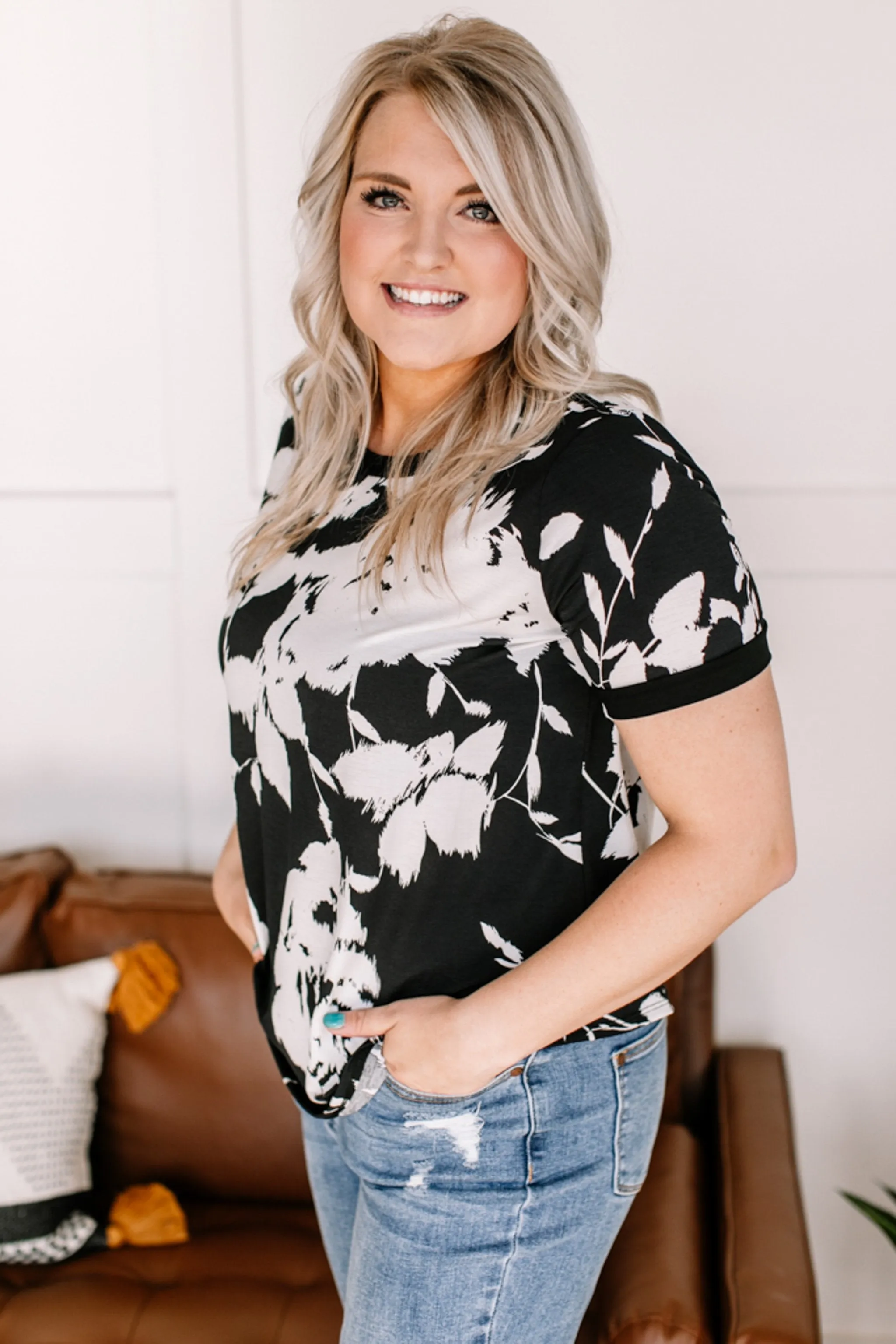It's All Abstract To Me Black & Ivory Floral Tee