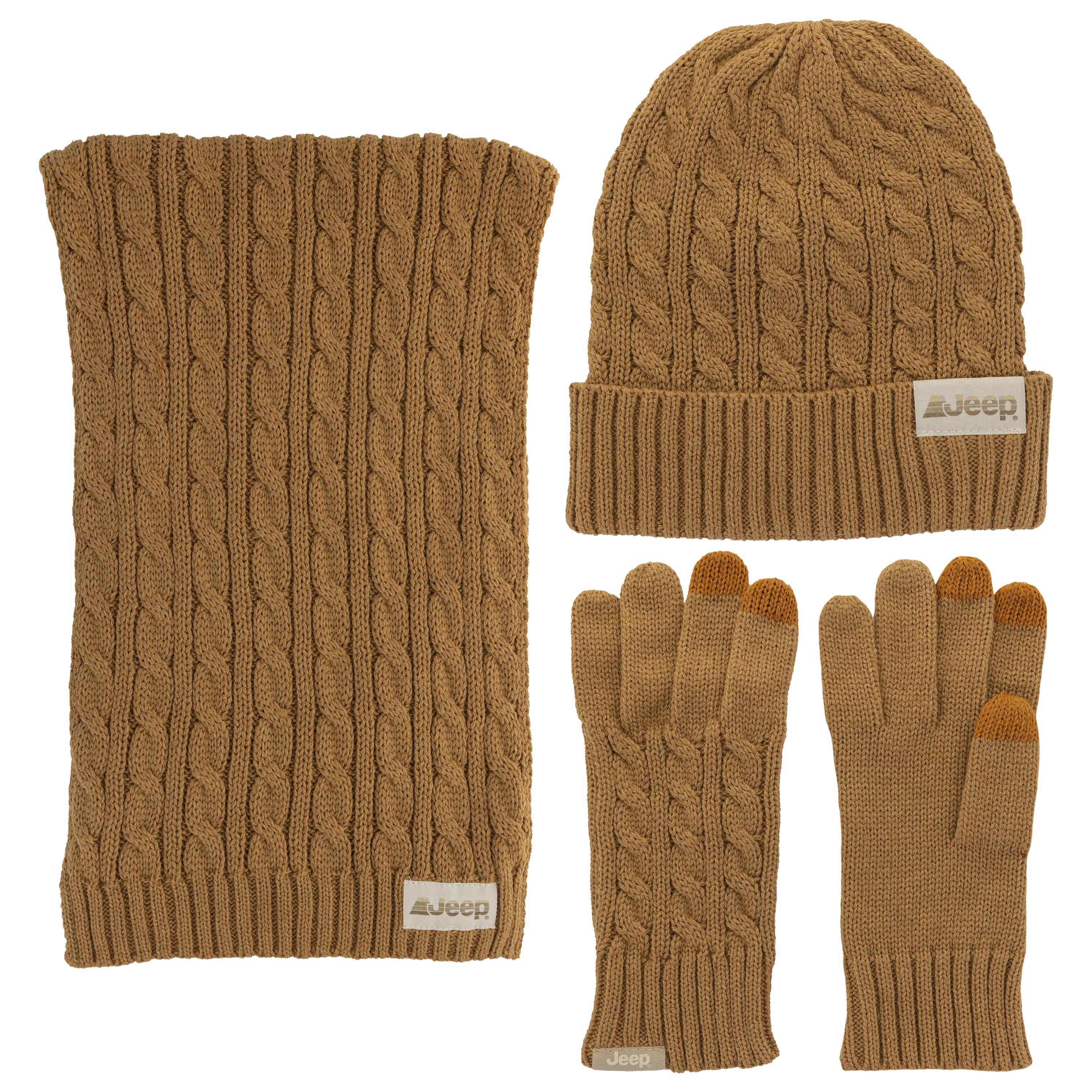 Jeep® 3-Piece Cable Knit Scarf, Hat and Glove Set