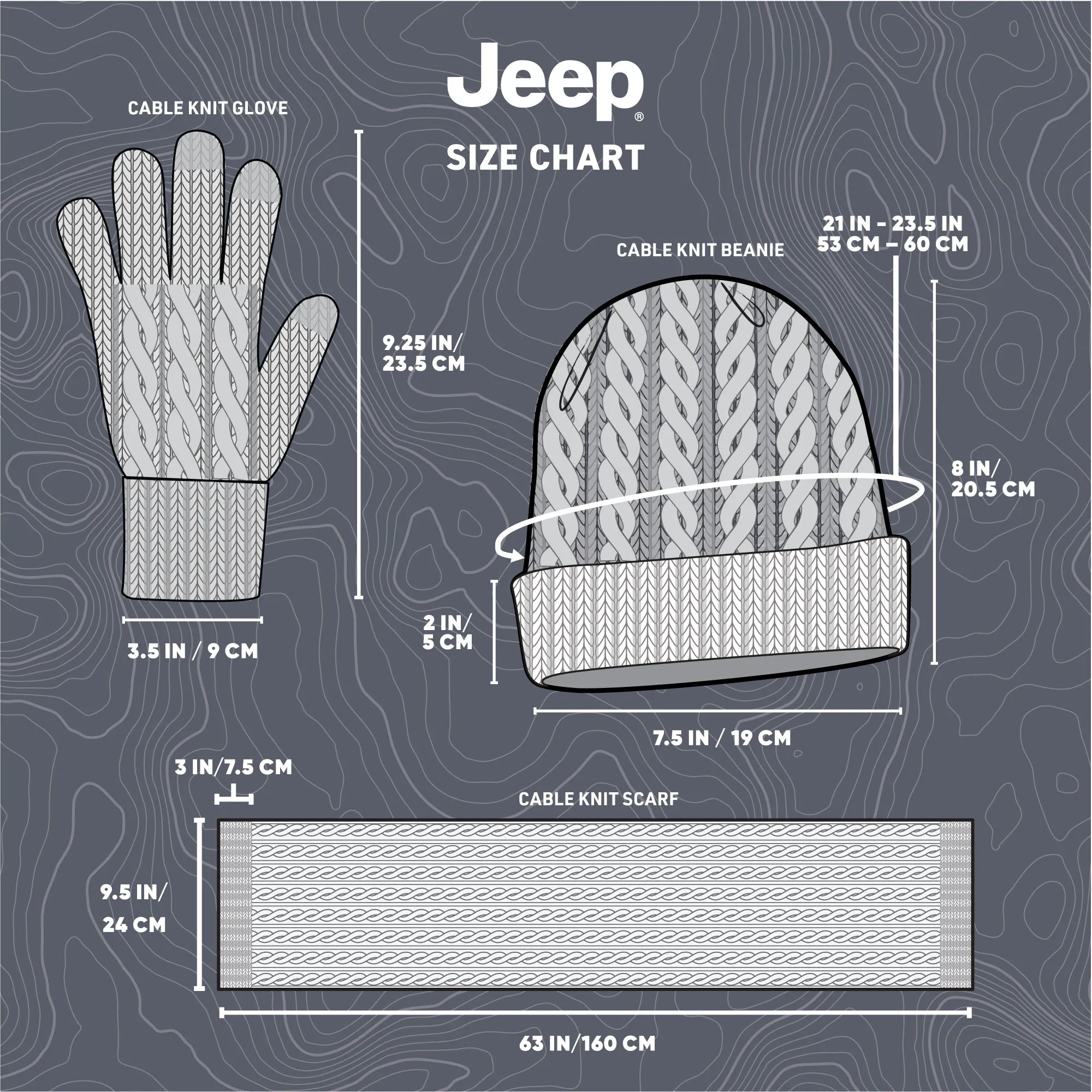 Jeep® 3-Piece Cable Knit Scarf, Hat and Glove Set