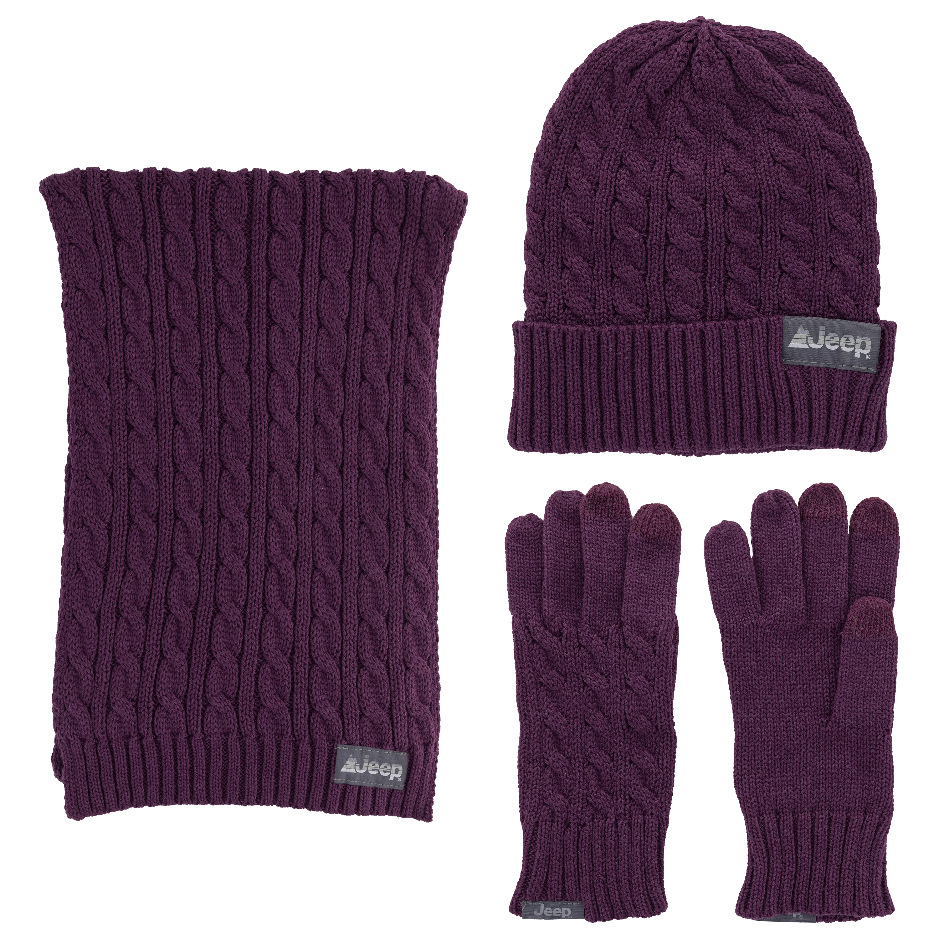 Jeep® 3-Piece Cable Knit Scarf, Hat and Glove Set