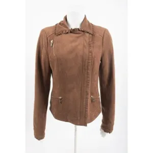 Karl Lagerfeld Paris Womens Faux Suede Jacket Coat Biker Asymmetric Brown S