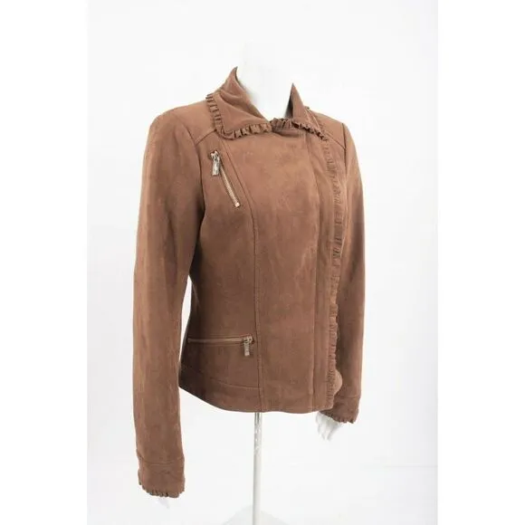 Karl Lagerfeld Paris Womens Faux Suede Jacket Coat Biker Asymmetric Brown S