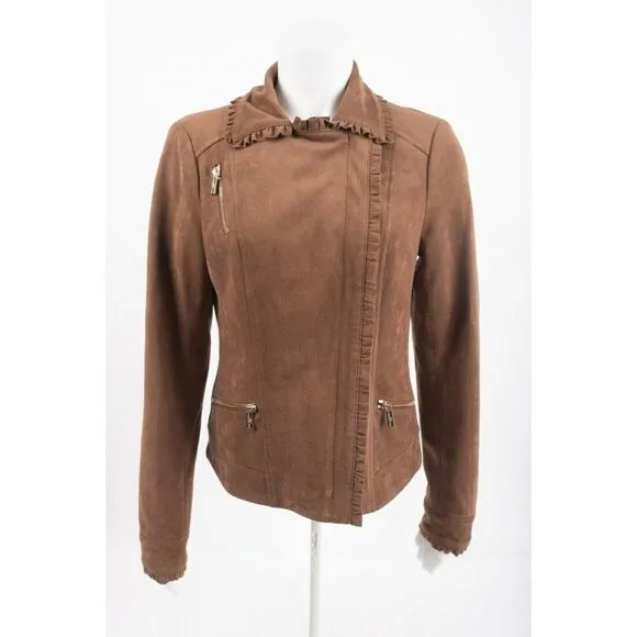Karl Lagerfeld Paris Womens Faux Suede Jacket Coat Biker Asymmetric Brown S