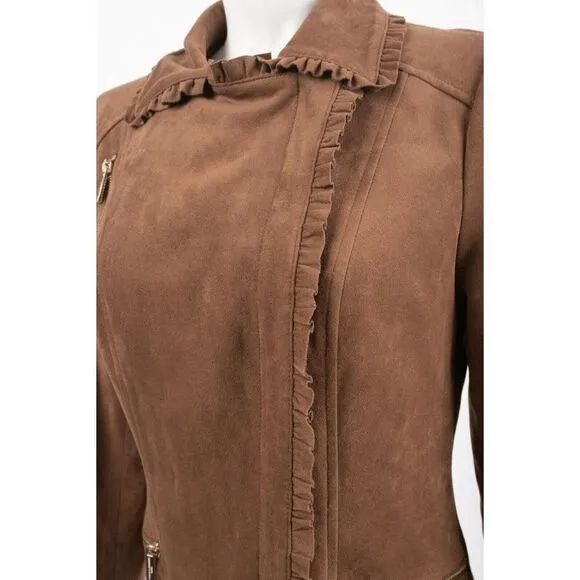Karl Lagerfeld Paris Womens Faux Suede Jacket Coat Biker Asymmetric Brown S