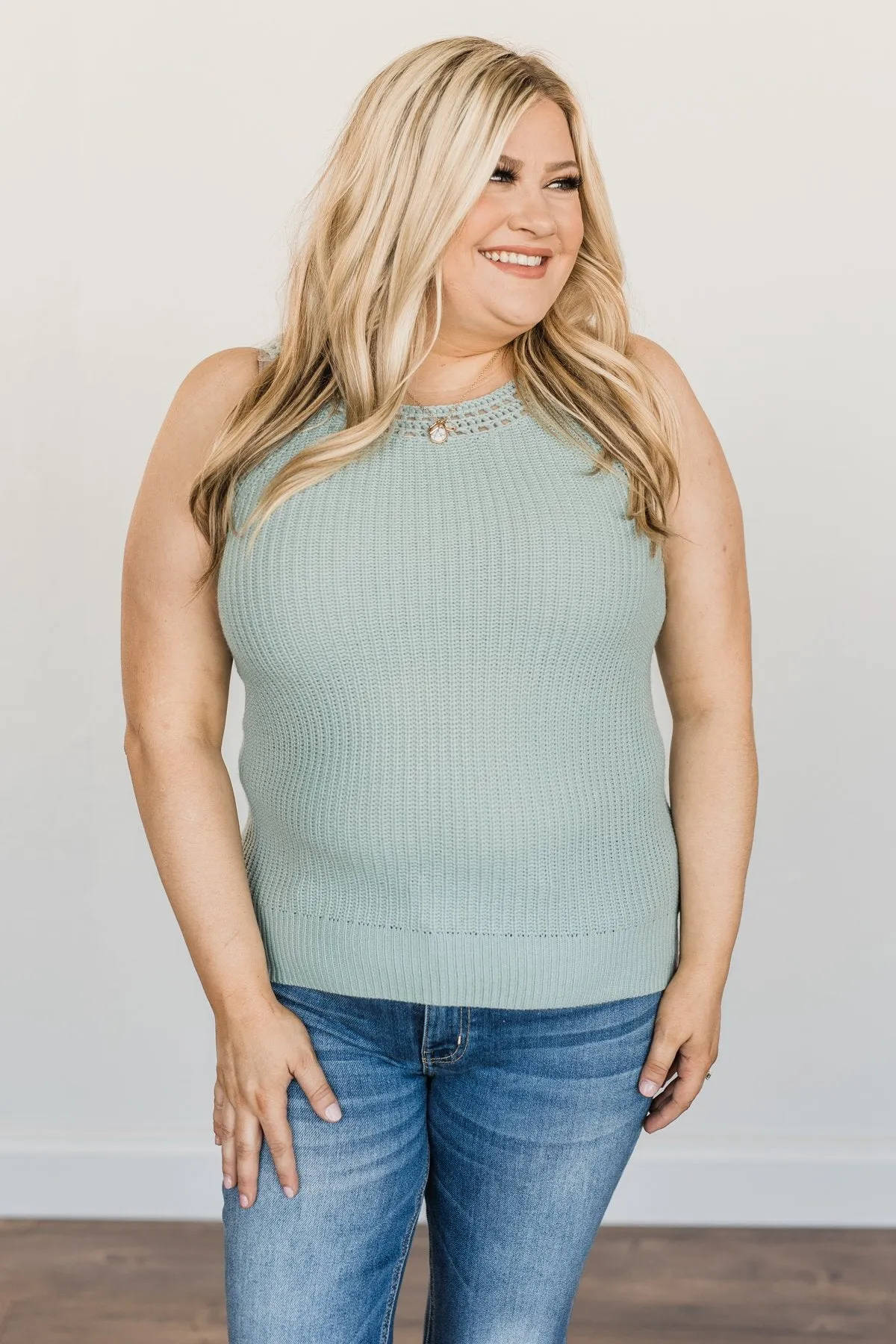 Kissed By The Sun Knit Tank Top- Soft Mint Blue