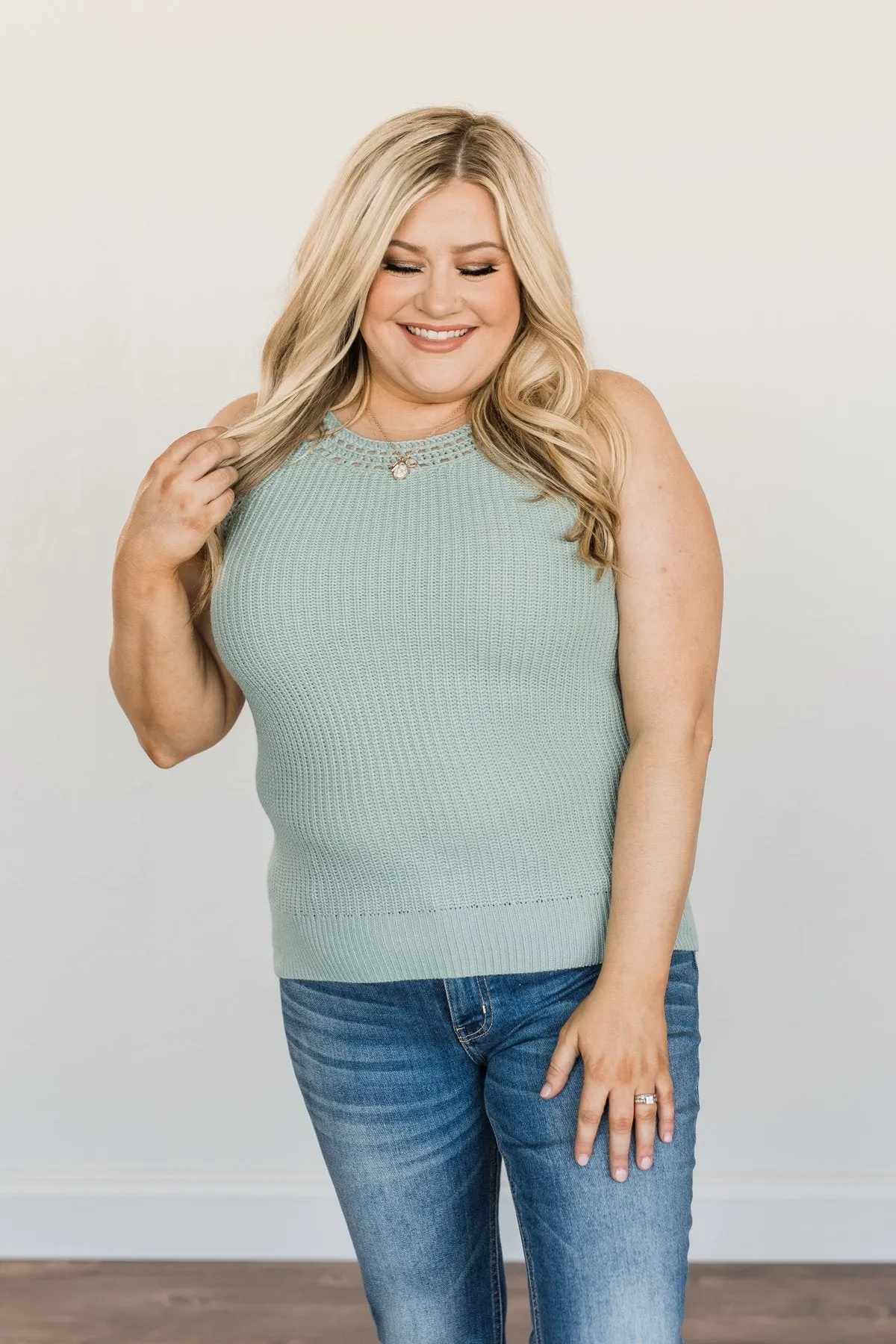 Kissed By The Sun Knit Tank Top- Soft Mint Blue