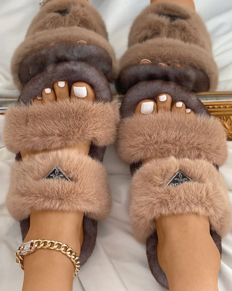 Label Decor Double Band Fluffy Slippers
