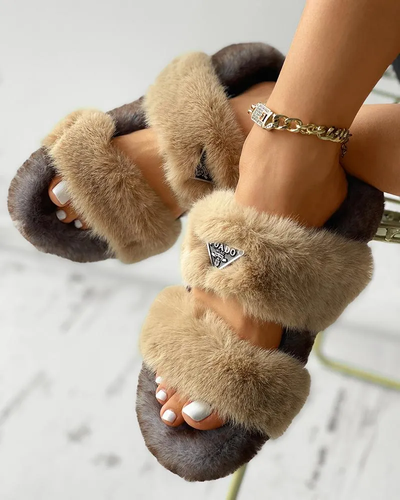 Label Decor Double Band Fluffy Slippers