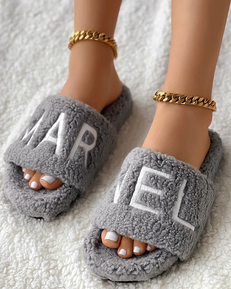 Letter Embroidery Fuzzy Winter Slippers