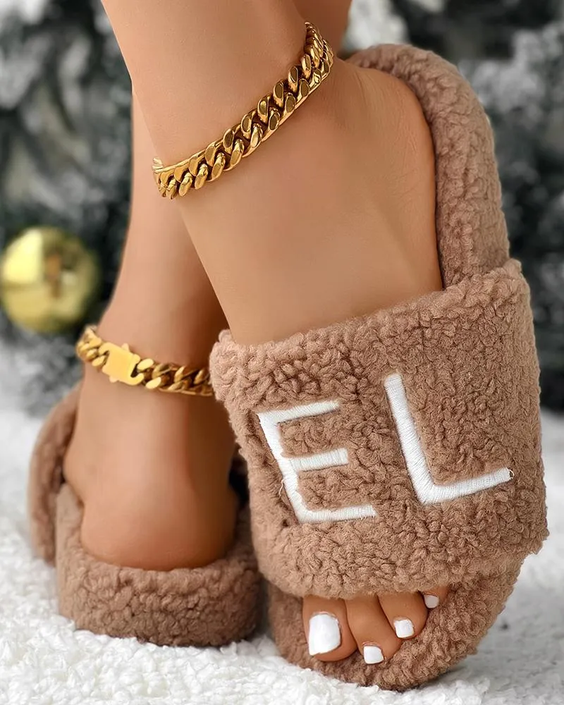 Letter Embroidery Fuzzy Winter Slippers