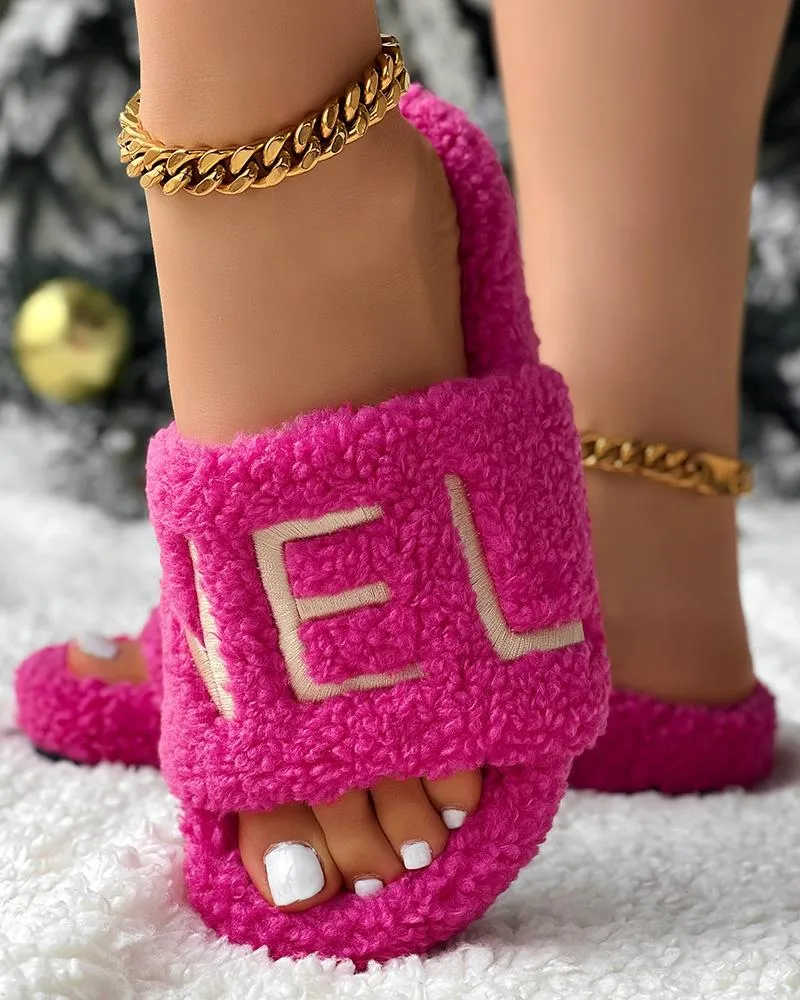 Letter Embroidery Fuzzy Winter Slippers