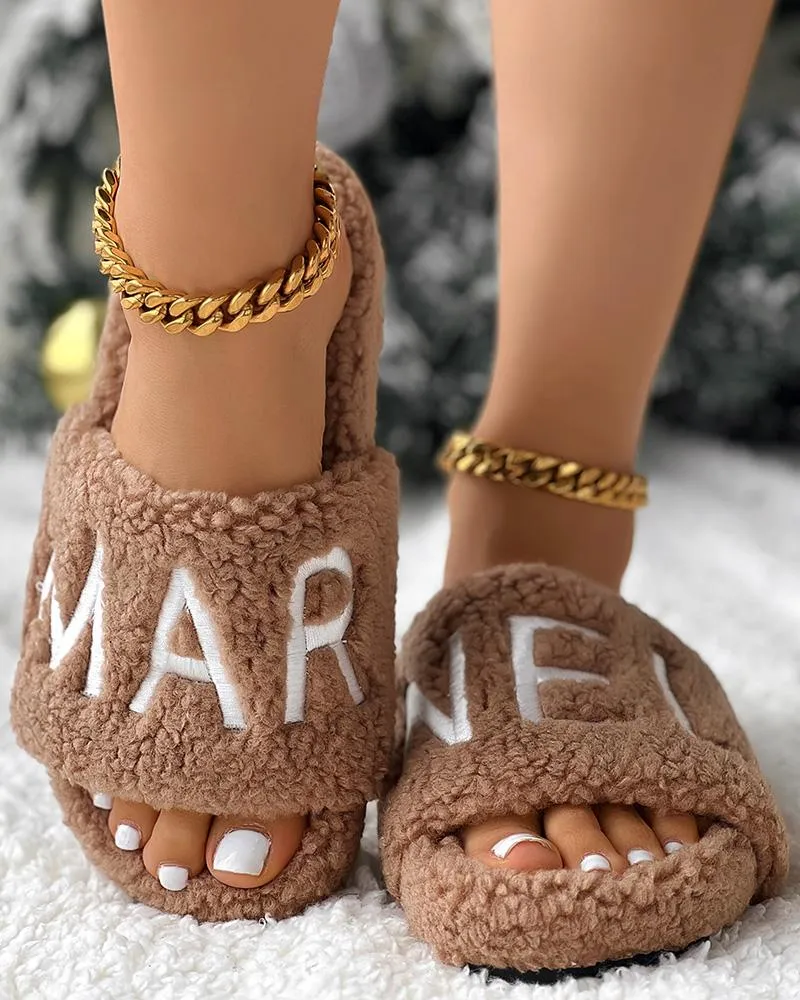 Letter Embroidery Fuzzy Winter Slippers