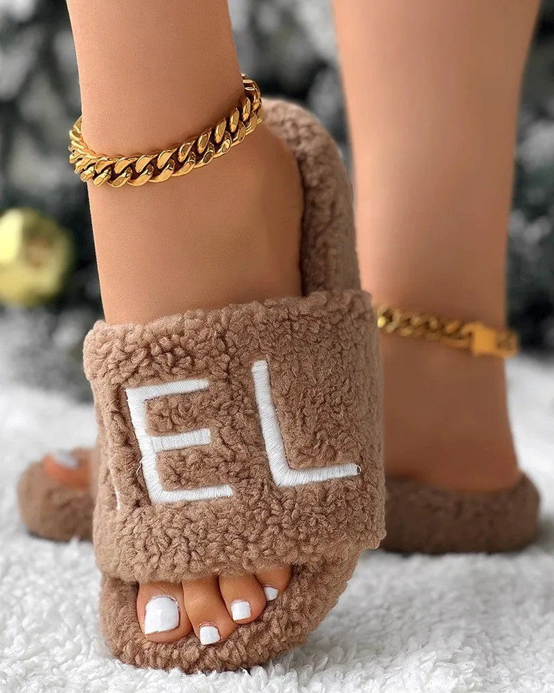 Letter Embroidery Fuzzy Winter Slippers
