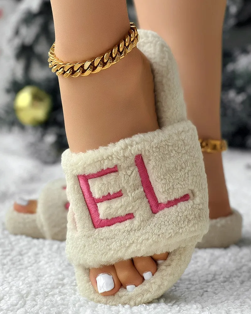 Letter Embroidery Fuzzy Winter Slippers