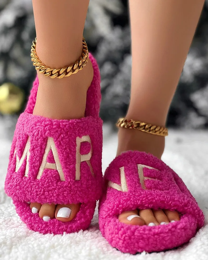 Letter Embroidery Fuzzy Winter Slippers