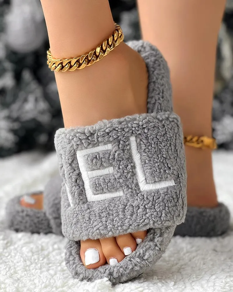 Letter Embroidery Fuzzy Winter Slippers