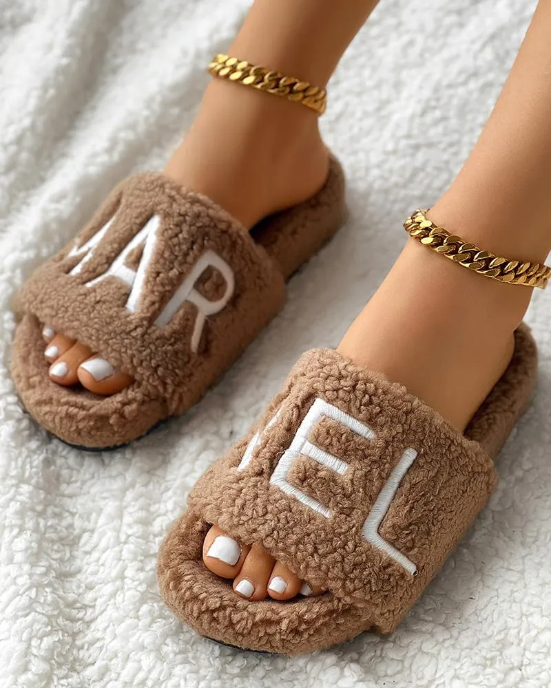 Letter Embroidery Fuzzy Winter Slippers