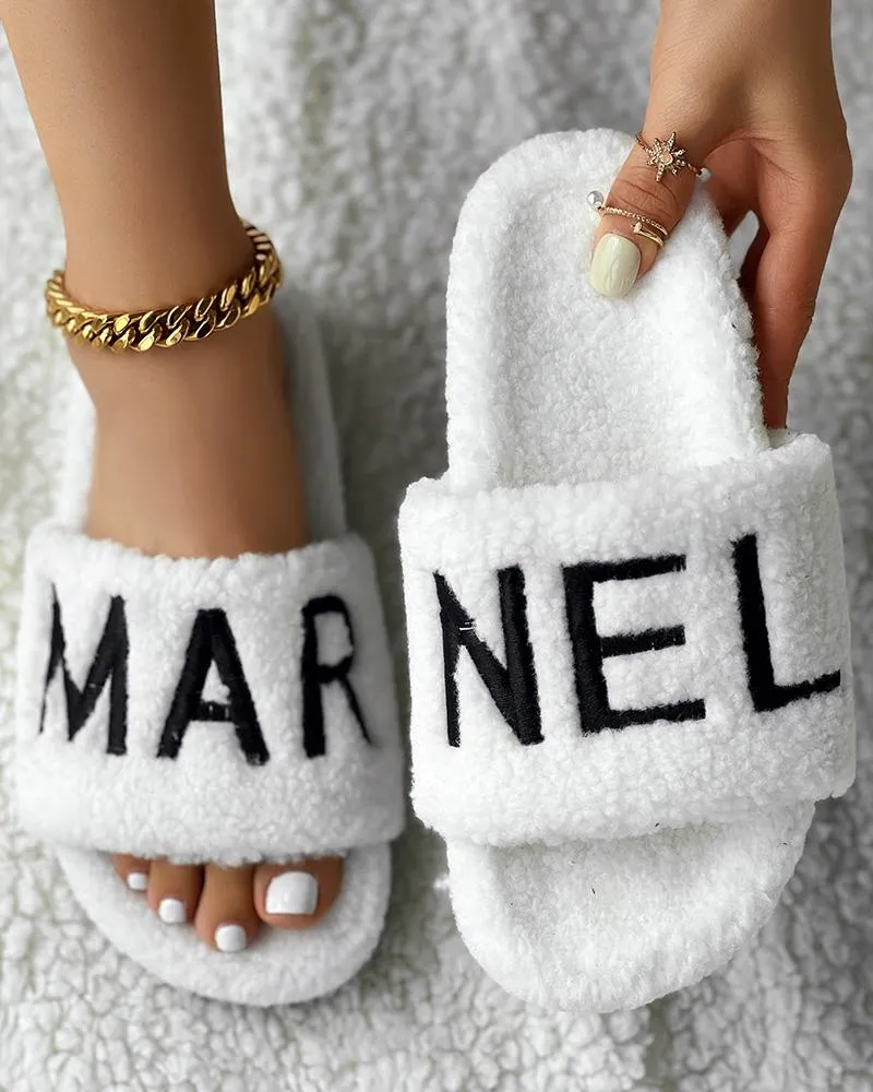 Letter Embroidery Fuzzy Winter Slippers