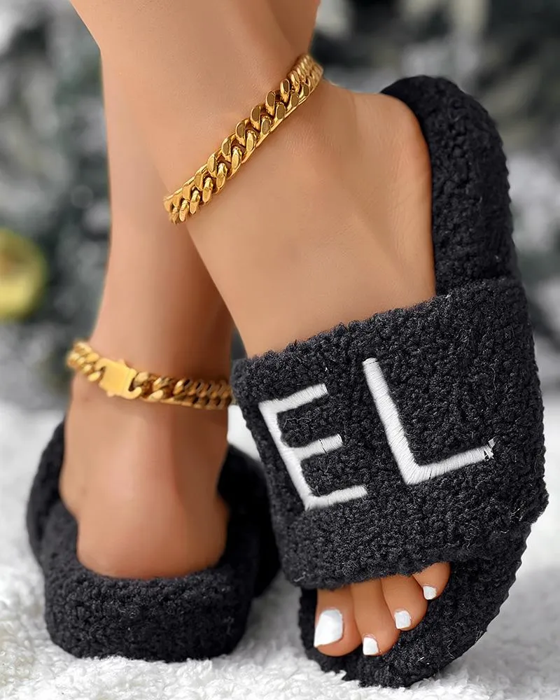Letter Embroidery Fuzzy Winter Slippers