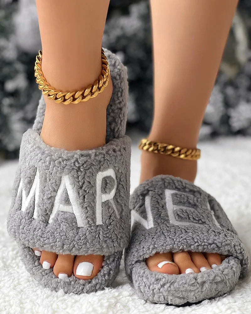 Letter Embroidery Fuzzy Winter Slippers