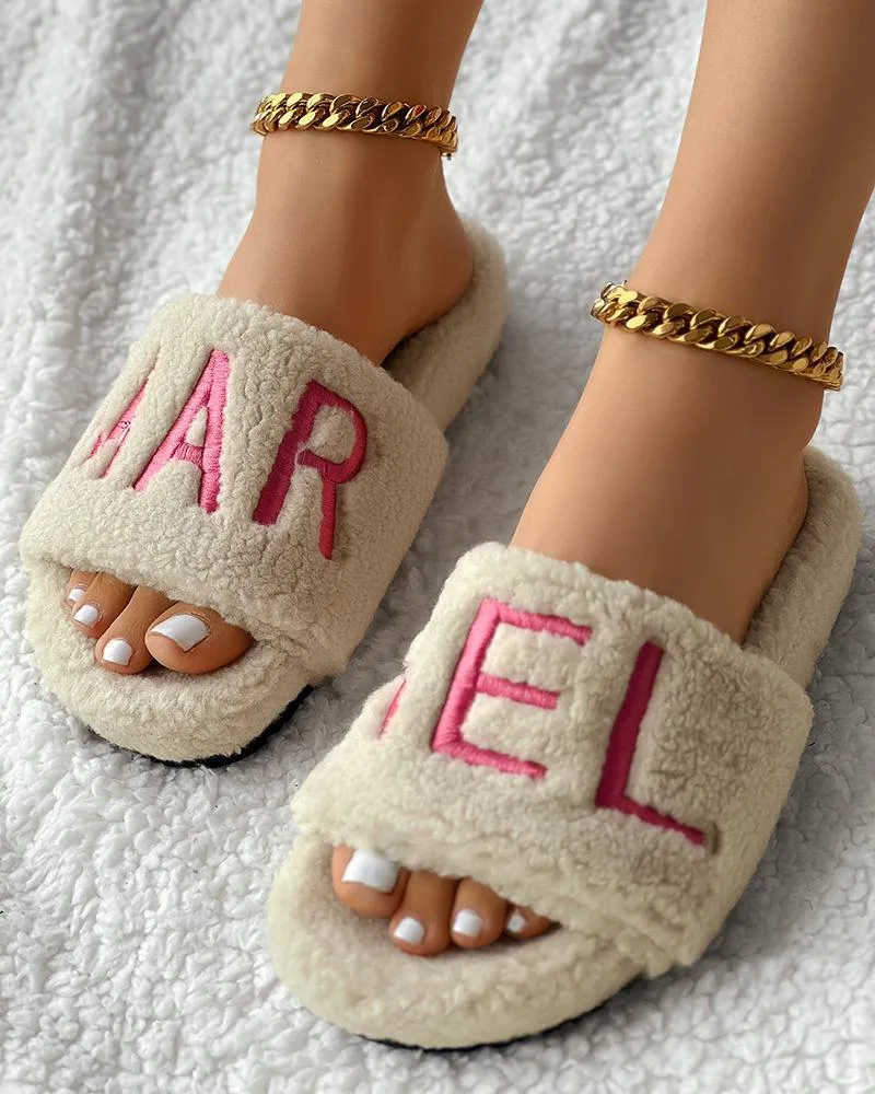 Letter Embroidery Fuzzy Winter Slippers