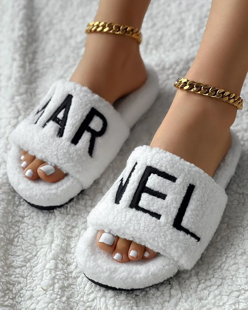 Letter Embroidery Fuzzy Winter Slippers
