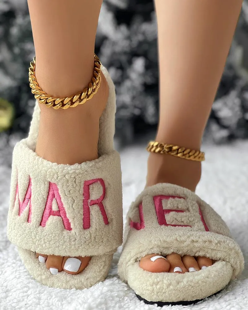 Letter Embroidery Fuzzy Winter Slippers