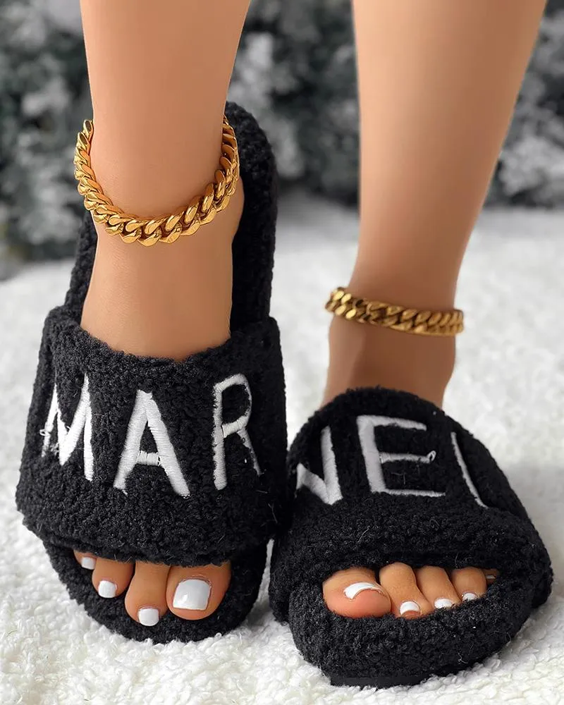 Letter Embroidery Fuzzy Winter Slippers