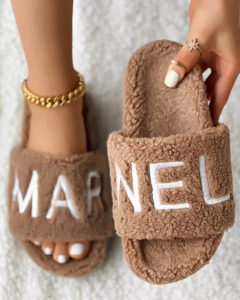 Letter Embroidery Fuzzy Winter Slippers