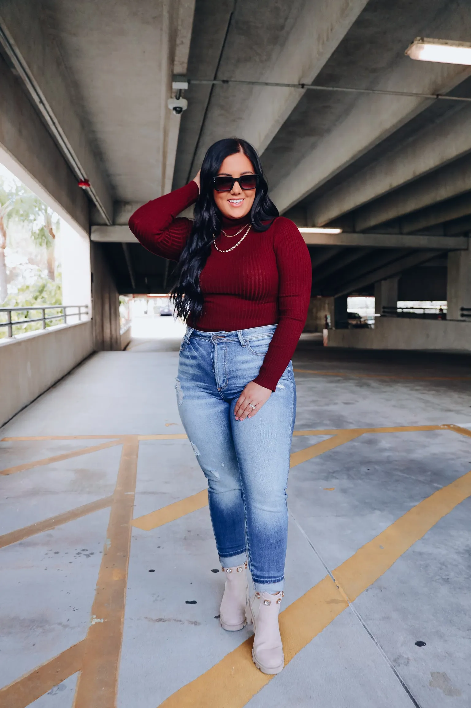 Level Up Mock Neck Fitted Bodysuit - Cherry Stone