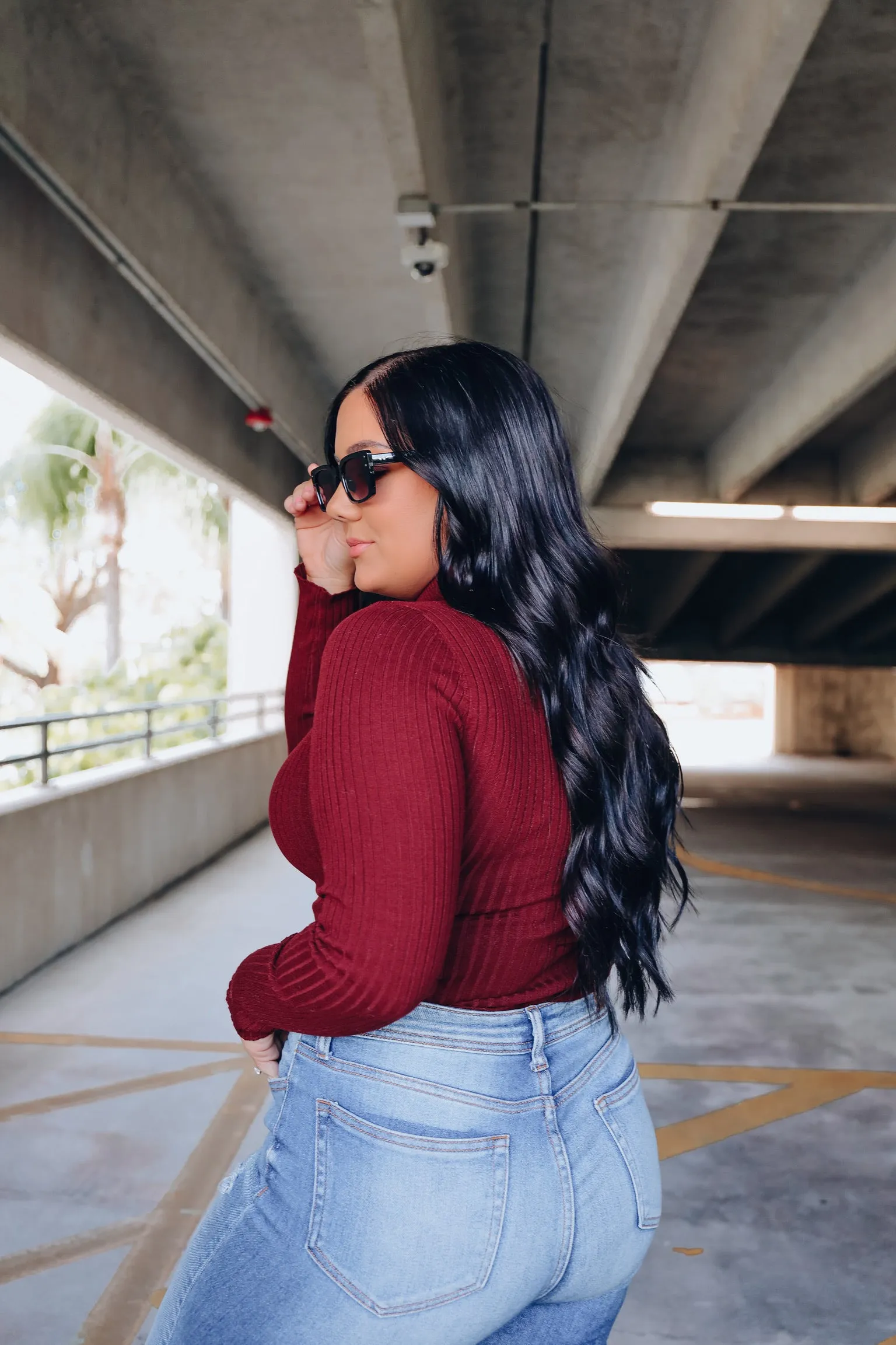 Level Up Mock Neck Fitted Bodysuit - Cherry Stone