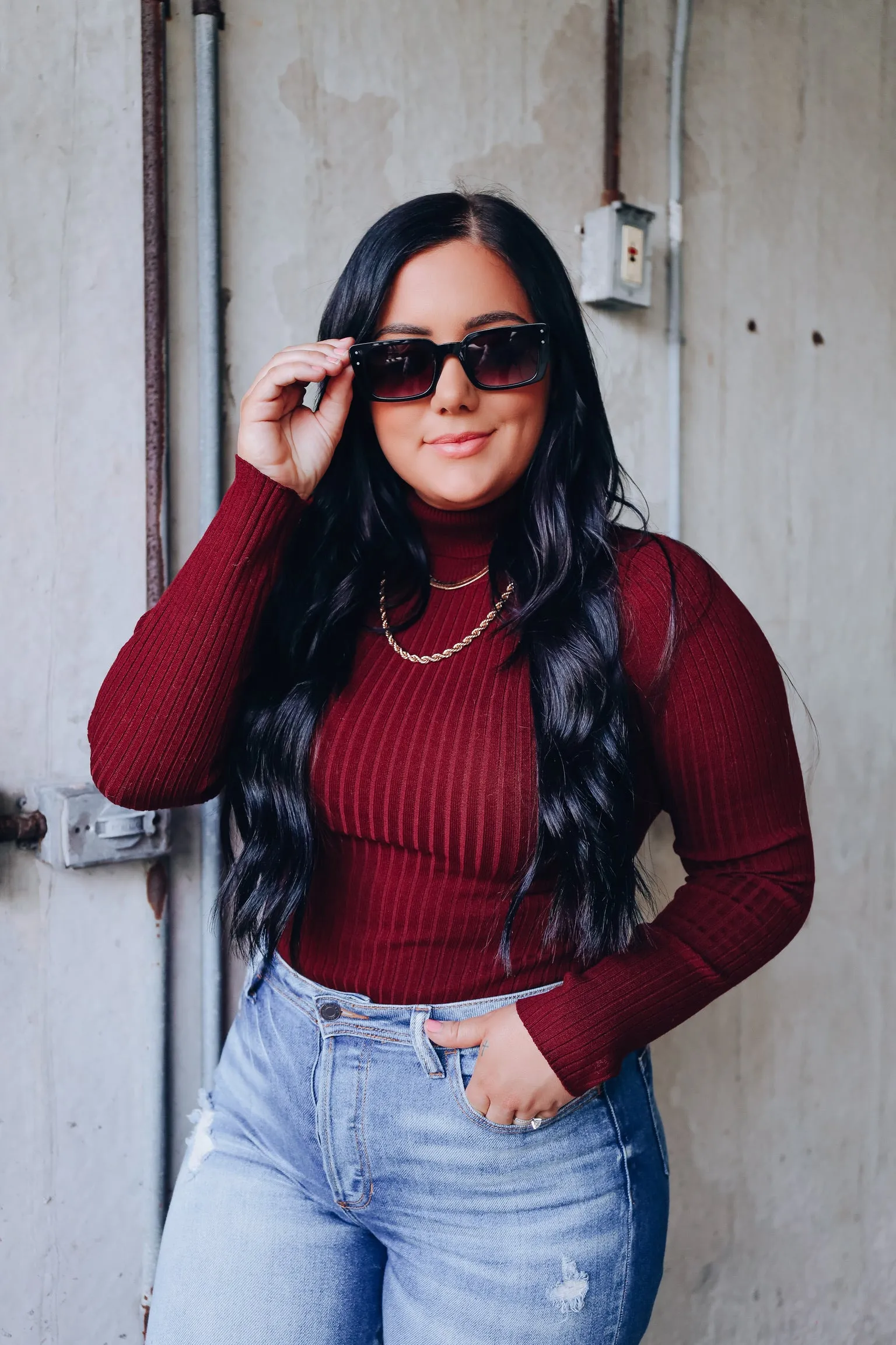 Level Up Mock Neck Fitted Bodysuit - Cherry Stone