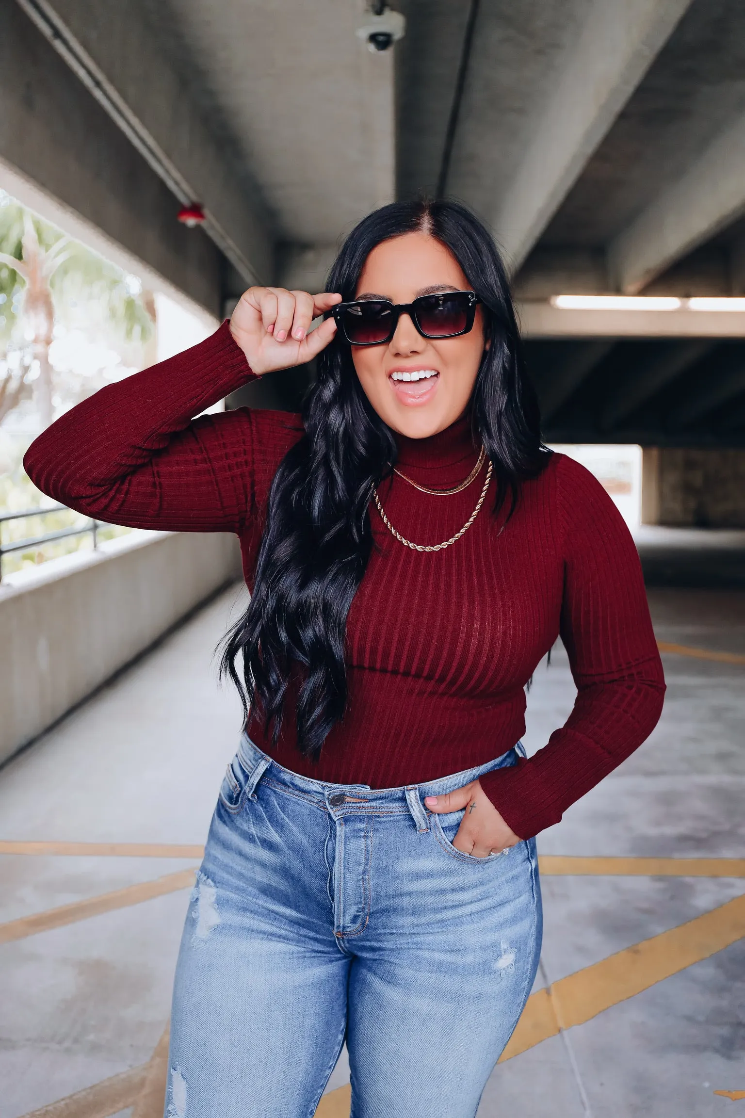 Level Up Mock Neck Fitted Bodysuit - Cherry Stone