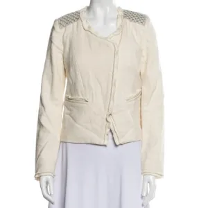 Maje Cotton Linen Frayed Edge Woven Linen Shoulder Moto Jacket 38 M