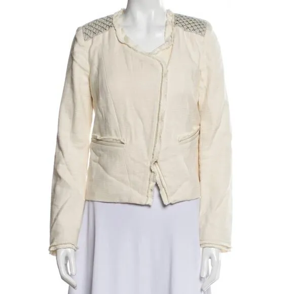 Maje Cotton Linen Frayed Edge Woven Linen Shoulder Moto Jacket 38 M