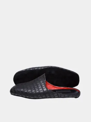 Men's slippers "Black crocodile" Model 1204 Embossed Cowhide Leather