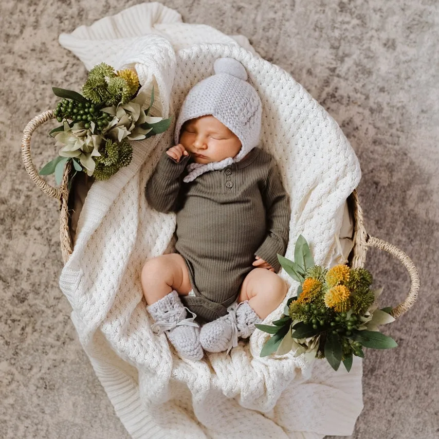 Merino Wool Bonnet & Bootie Set - Grey