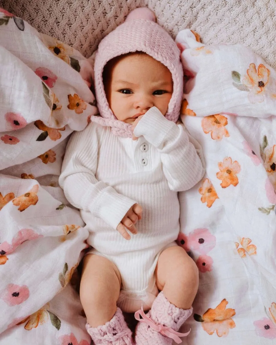 Merino Wool Bonnet & Bootie Set - Pink