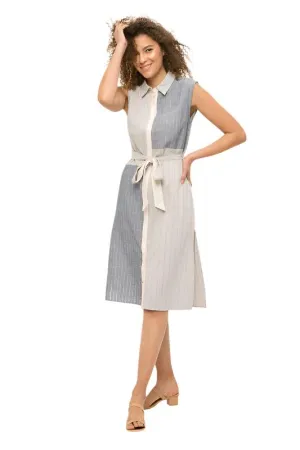 Mix Media Waist Tie Sleeveless Shirt Dress