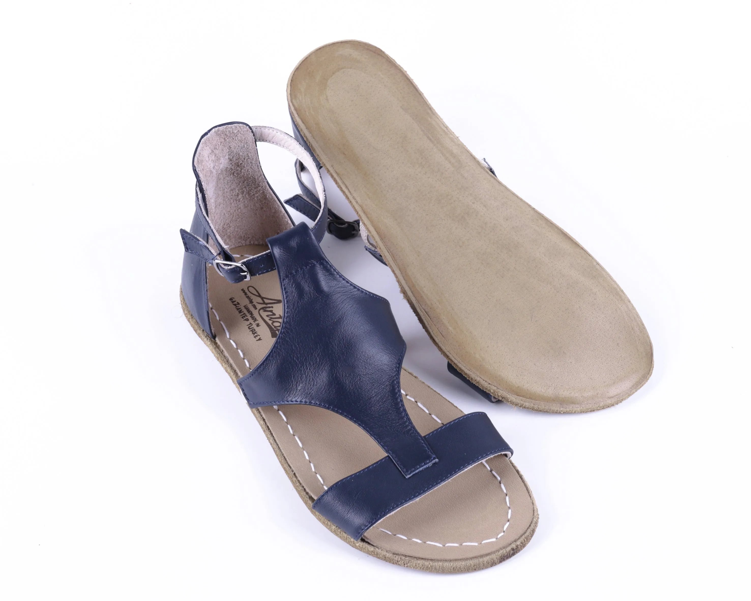 Navy Blue Women Buckle Slipper Wide Barefoot Smooth Leather Handmade