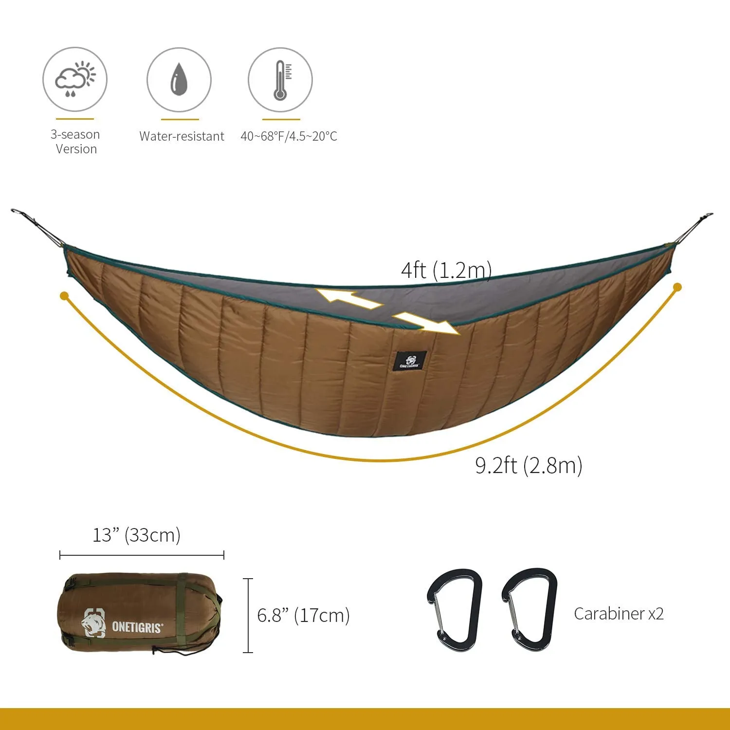 OneTigris Hideout Hammock Underquilt, Full Length Lightweight 4 Season Hammock Quilt for Camping Hiking Backpacking Travel Beach Backyard Patio Portable