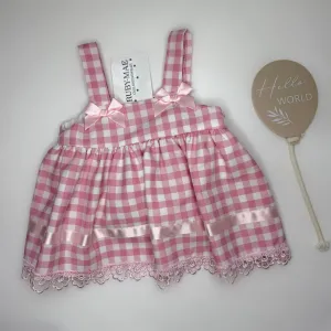 Pink Gingham Bow Front Lined Dress With Matching Bloomers - Cassie