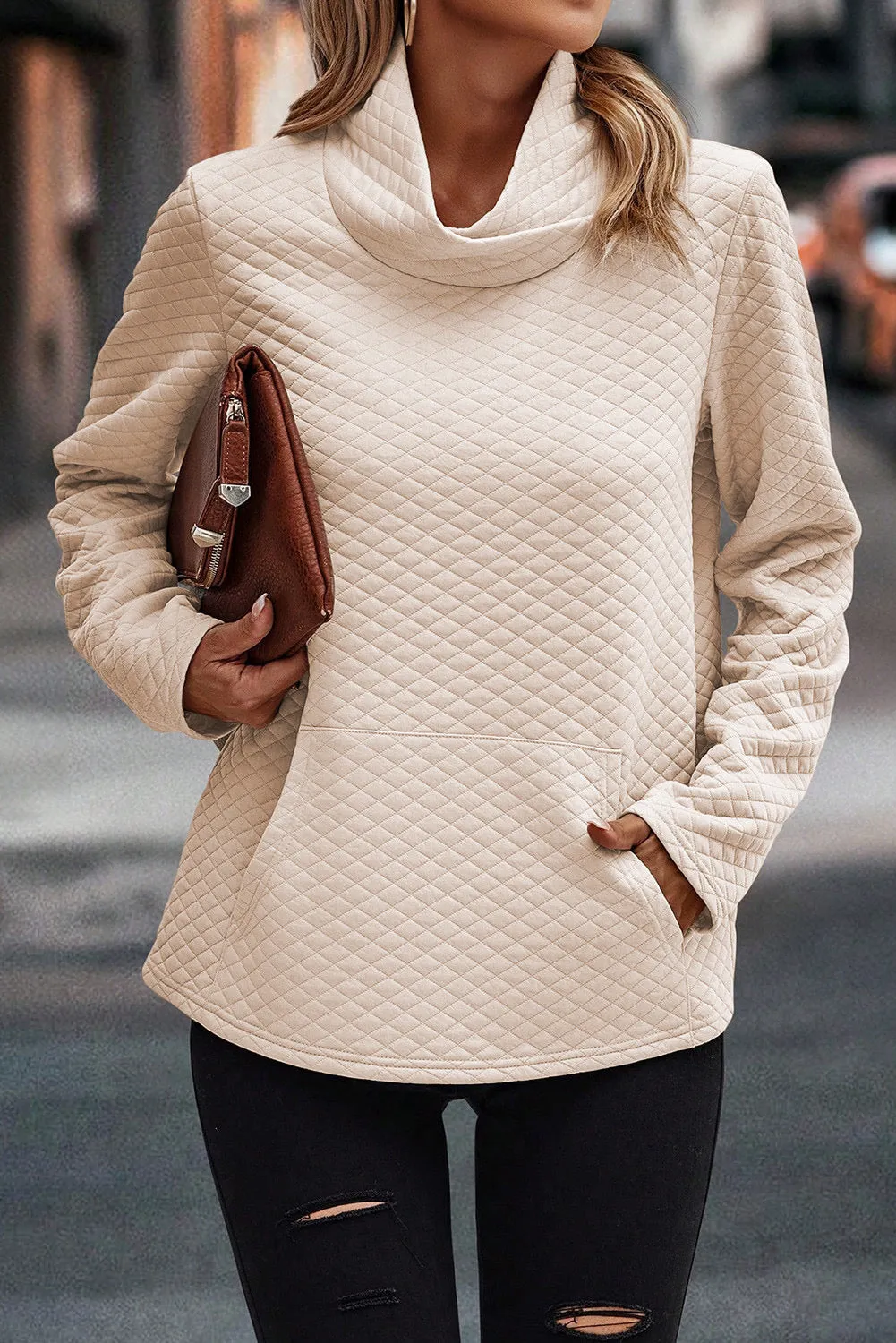Quilted Funnel Neck Pullover Top