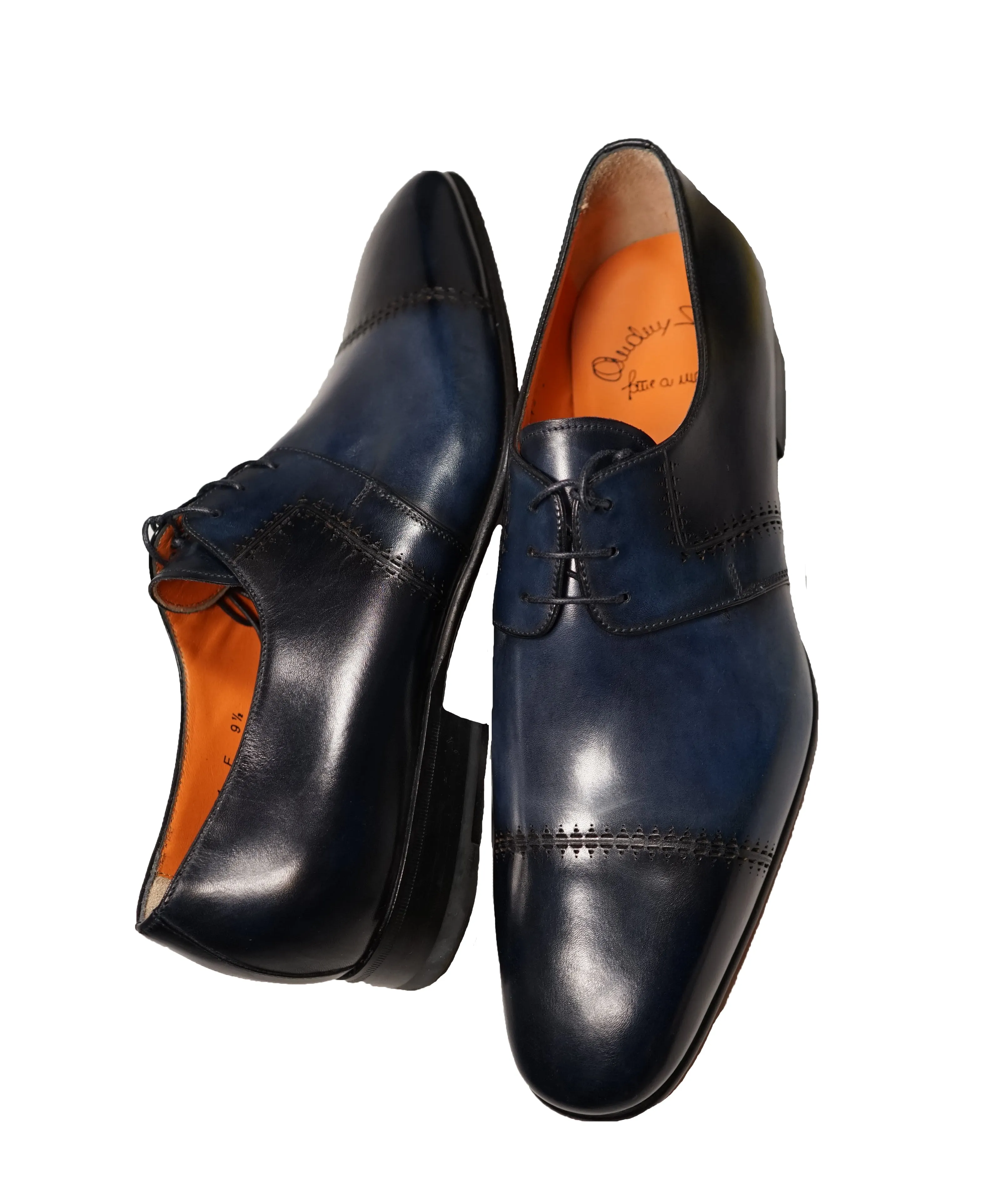 SANTONI - Fatte A Mano Blue & Navy Hand Patina Laser Cut Oxfords - 10.5